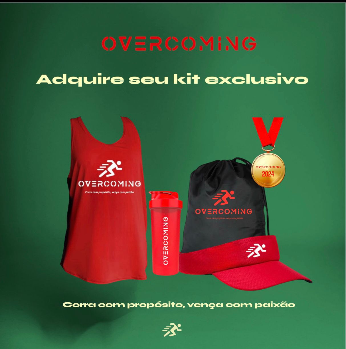 Imagem do kit de corrida com camiseta, viseira, coqueteleira, bolsa sacola e medalha